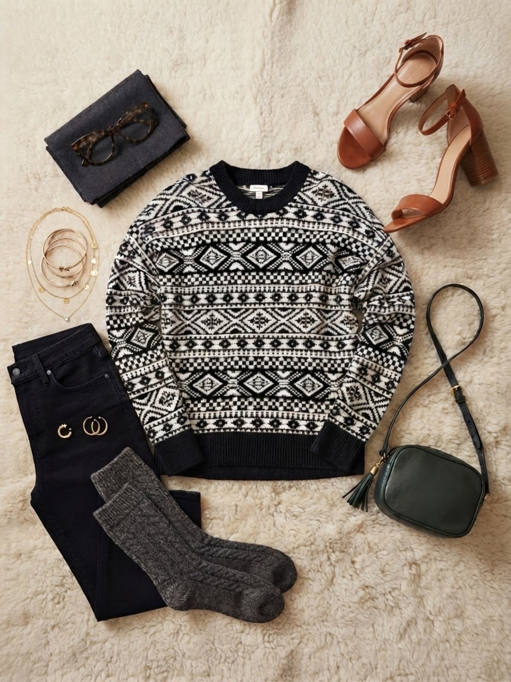 Abercrombie & Fitch Black and White Fair Isle Crewneck Sweater